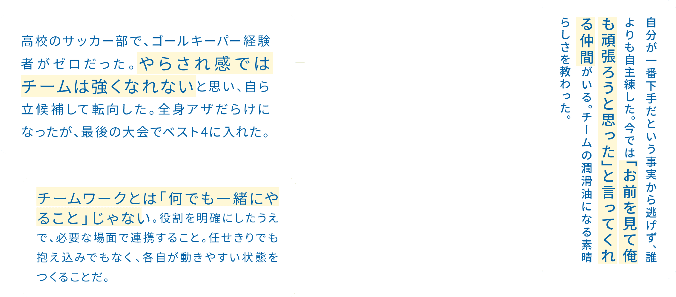 高校のサッカー部で、ゴールキーパー経験者がゼロだった。やらされ感ではチームは強くなれないと思い、自ら立候補して転向した。全身アザだらけになったが、最後の大会でベスト4に入れた。 / 自分が一番下手だという事実から逃げず、誰よりも自主練した。今では「お前を見て俺も頑張ろうと思った」と言ってくれる仲間がいる。チームの潤滑油になる素晴らしさを教わった。