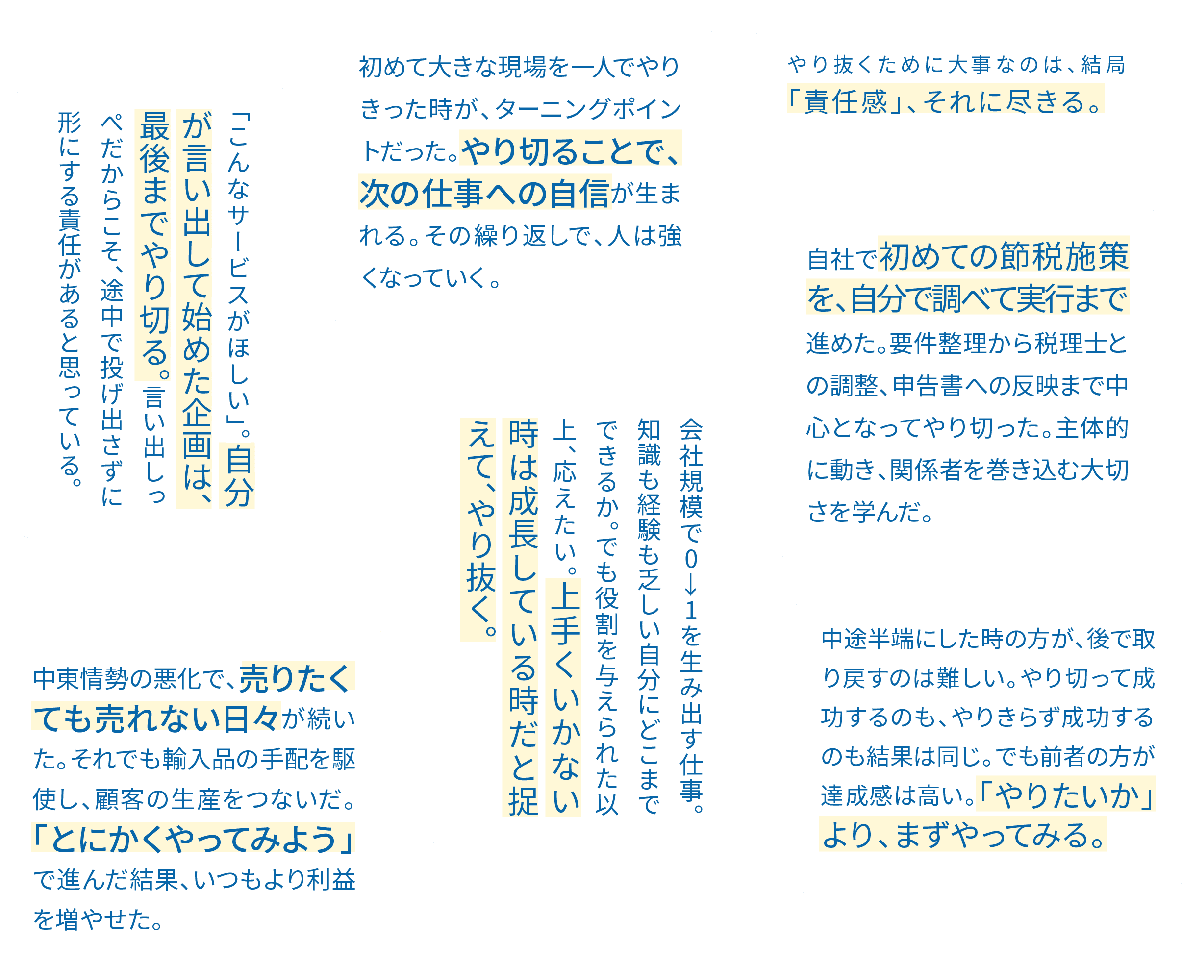 やり抜くために大事なのは、結局「責任感」、それに尽きる。 / 「こんなサービスがほしい」。自分が言い出して始めた企画は、最後までやり切る。言い出しっぺだからこそ、途中で投げ出さずに形にする責任があると思っている。 / 初めて大きな現場を一人でやりきった時が、ターニングポイントだった。やり切ることで、次の仕事への自信が生まれる。その繰り返しで、人は強くなっていく。 / 自社で初めての節税施策を、自分で調べて実行まで進めた。要件整理から税理士との調整、申告書への反映まで中心となってやり切った。主体的に動き、関係者を巻き込む大切さを学んだ。 / 中東情勢の悪化で、売りたくても売れない日々が続いた。それでも輸入品の手配を駆使し、顧客の生産をつないだ。「とにかくやってみよう」で進んだ結果、いつもより利益を増やせた。 / 会社規模で0→1を生み出す仕事。知識も経験も乏しい自分にどこまでできるか。でも役割を与えられた以上、応えてやりたい。上手くいかない時は成長している時だと捉えて、やり抜く。 / 中途半端にした時の方が、後で取り戻すのは難しい。やり切って成功するのも、やりきらず成功するのも結果は同じ。でも前者の方が達成感は高い。「やりたいか」より、まずやってみる。