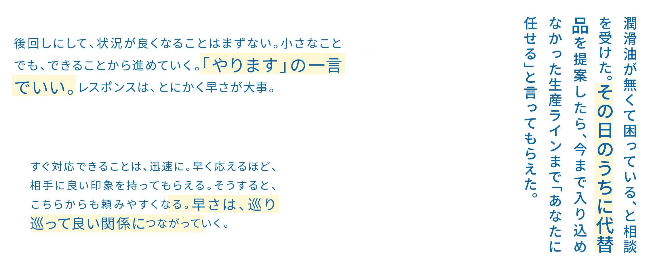 後回しにして、状況が良くなることはまずない。小さなことでも、できることから進めていく。「やります」の一言でいい。レスポンスは、とにかく早さが大事。 / 潤滑油が無くて困っている、と相談を受けた。その日のうちに代替品を提案したら、今まで入り込めなかった生産ラインまで「あなたに任せる」と言ってもらえた。